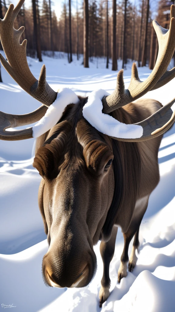 portrait of a surprised moose with great horns,bottom view,Outdoors,ral-swarcrystl,8k,F2.8,RAW Photo,ultra detailed,soft lighting,real life,ultra detailed