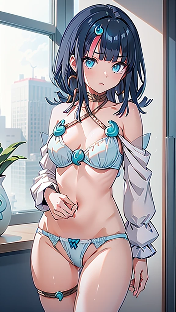 In underwear、Blue Bra、Blue Panties、Panties in full view、In underwear、 1girl, utsumiericeFA,long sleeves, bare shoulders, jewelry, puffy sleeves, necklace,, streaked hair, blue ribbon, puffy long sleeves,magatama,