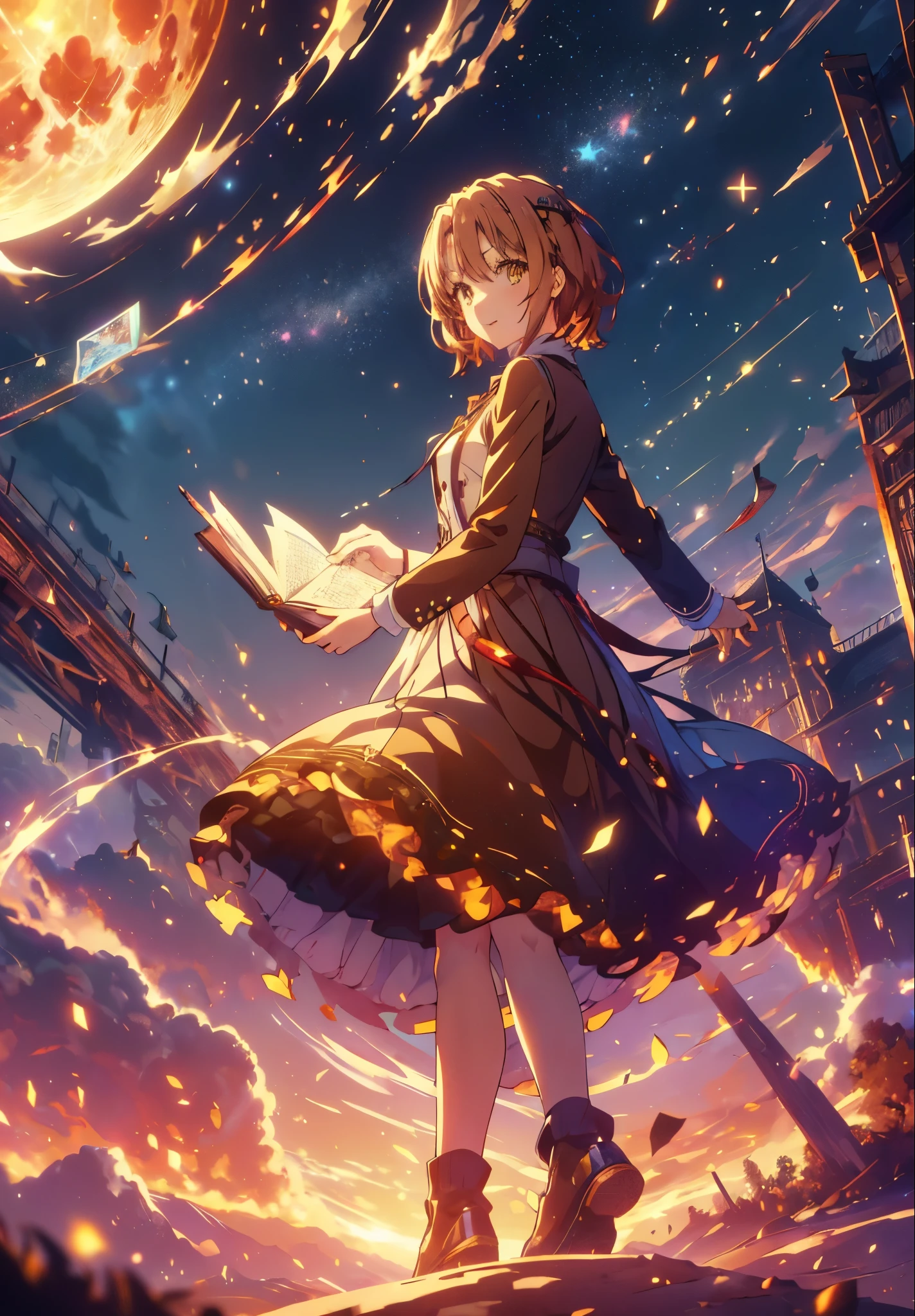 Irohaisshiki, isshiki iroha, Short Hair, Brown Hair, (Brown eyes:1.5), smile,((Night Sky)),((Big full moon)),((Sparkling and colorful stars)),Fluffy hair,((Idol style costume with soft volume)),Long skirt,Pointed shoes,Holding a magic book in his right hand,Uses magic with left hand,((witch)),Rubik&#39;s Square,So that the whole body goes into the illustration,
break outdoors, forest,forest
break looking at viewer,
break (masterpiece:1.2), Highest quality, High resolution, unity 8k wallpaper, (shape:0.8), (Narrow and beautiful eyes:1.6), Highly detailed face, Perfect lighting, Highly detailed CG, (Perfect hands, Perfect Anatomy),