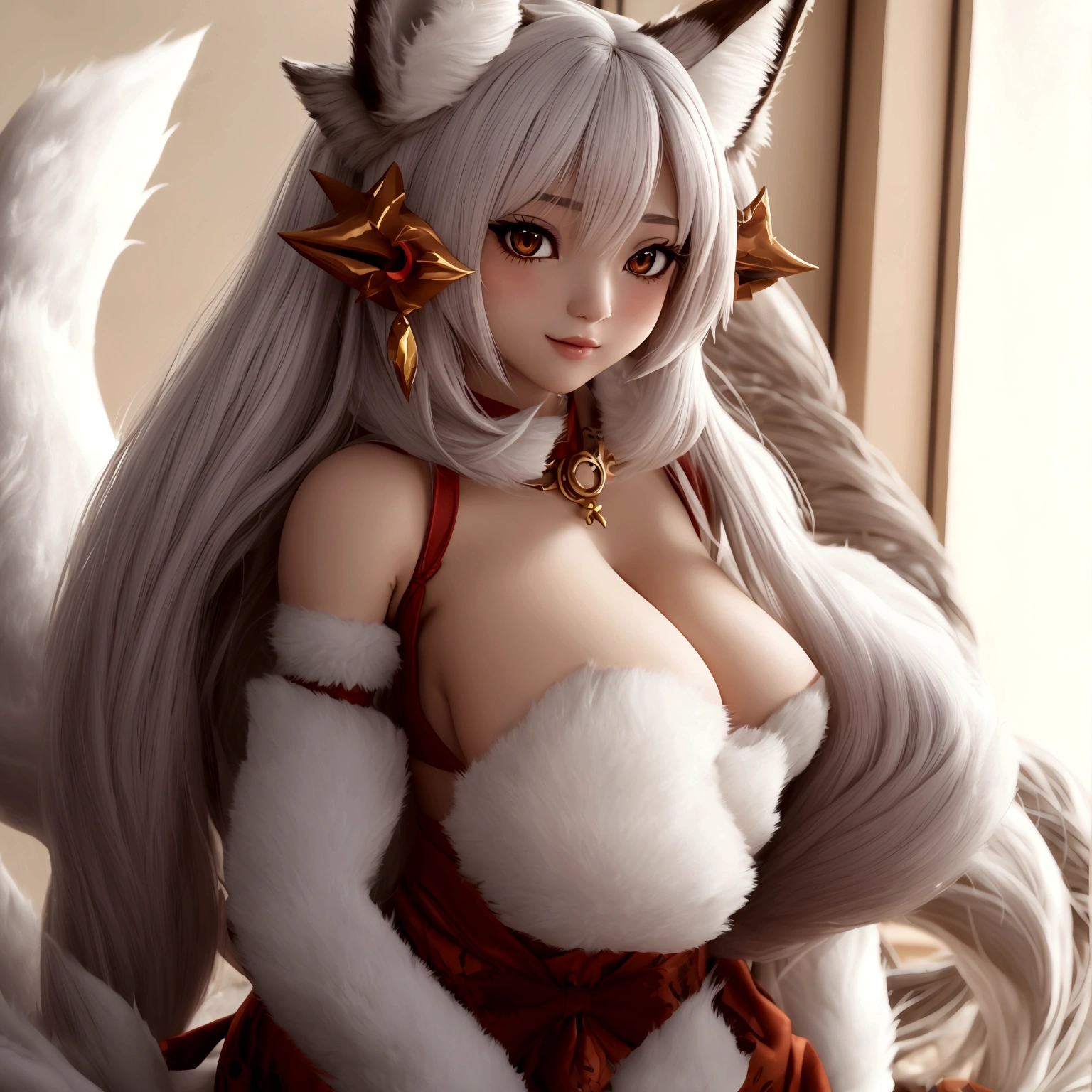 Fox girl extreme muscular body, kyuubi outfit, fair skin, fox ears, 9 fluffy fox tails and gigantic breasts.