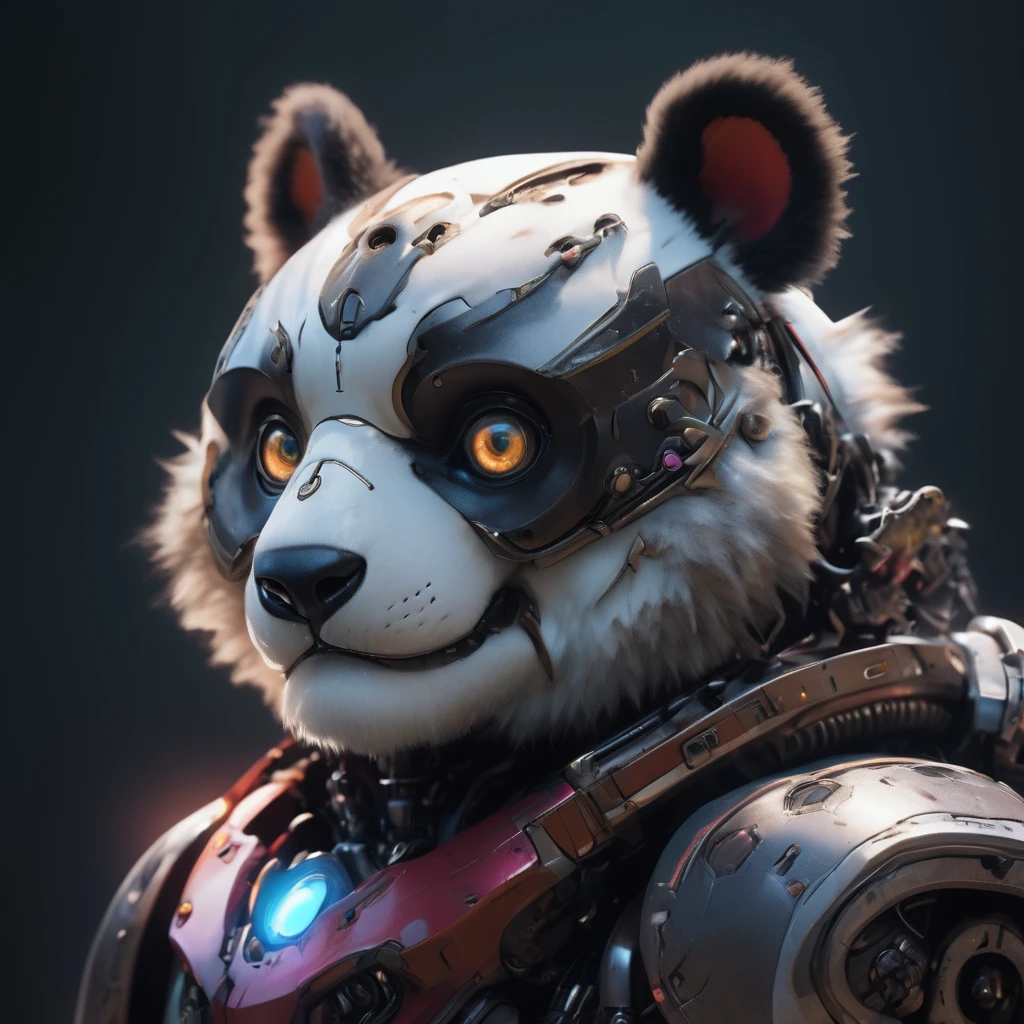 a very realistic giant furry panda in robot armor, highy detailed, photo realist, complex machinery, futuristic design, glare eyes, dynamic pose, dramatic lighting, swirly vibrant colors, film composition, (best qualityer, 4K, 8K, high resolution, Masterpiece artwork: 1.2 ),ultra detali, アニメ
