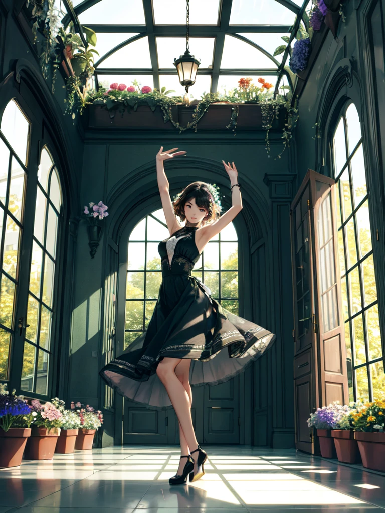 The combination of women and flowers,Colorful,conservatory,glass building,a girl,There are many flowers on the body,dynamic poses,looking into camera,As if he had something to say