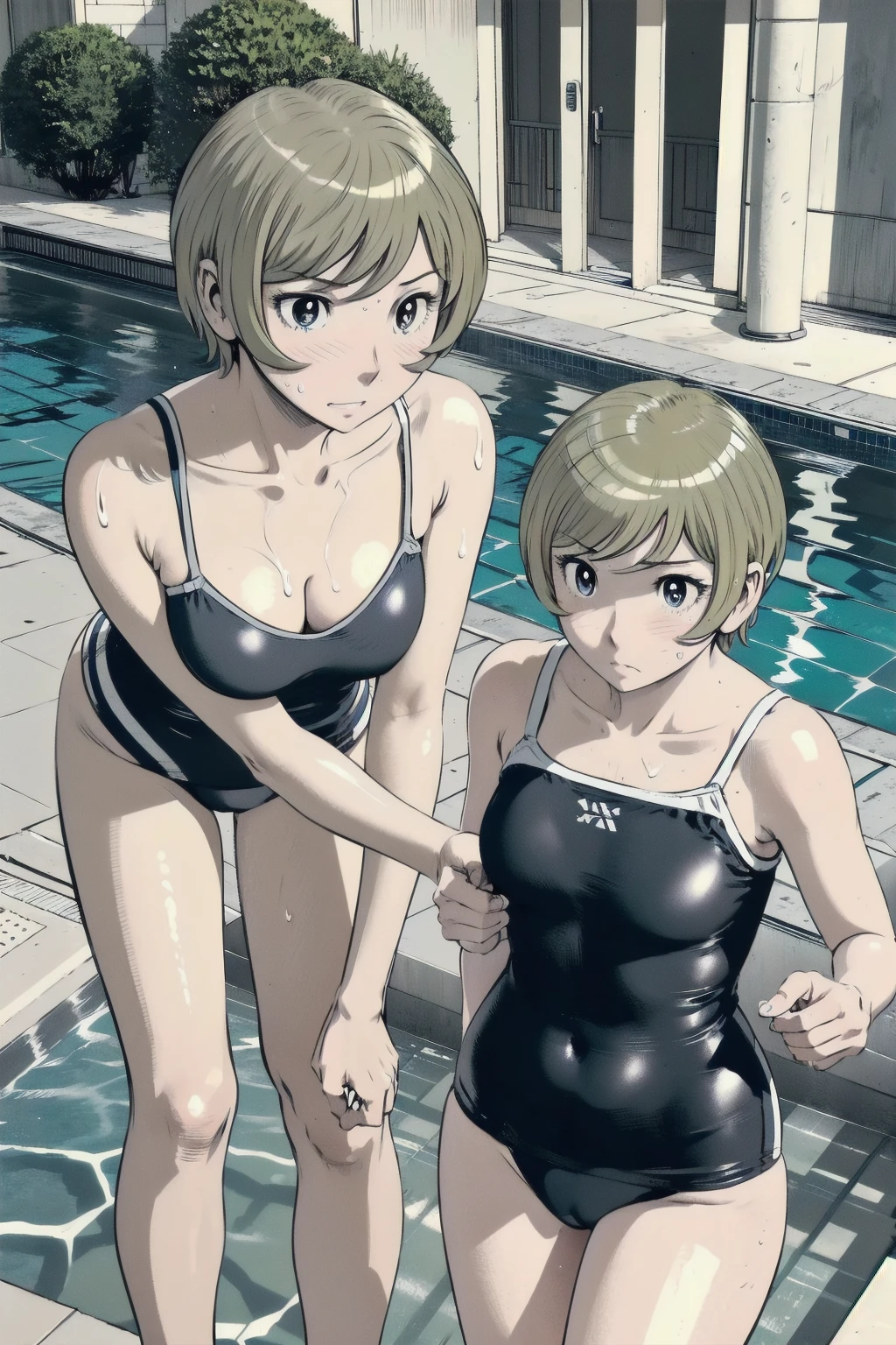 Blue school swimsuit、(masterpiece、Highest quality)、Highest quality, Ultra-high resolution, (((masterpiece))), alone, Sweat、Big eyes, Composition from the front、Shortcuts、Embarrassed face、Blonde、Cut your hair short、School swimming pool、short hair、Pussy Line、Browsing Caution、Butt
