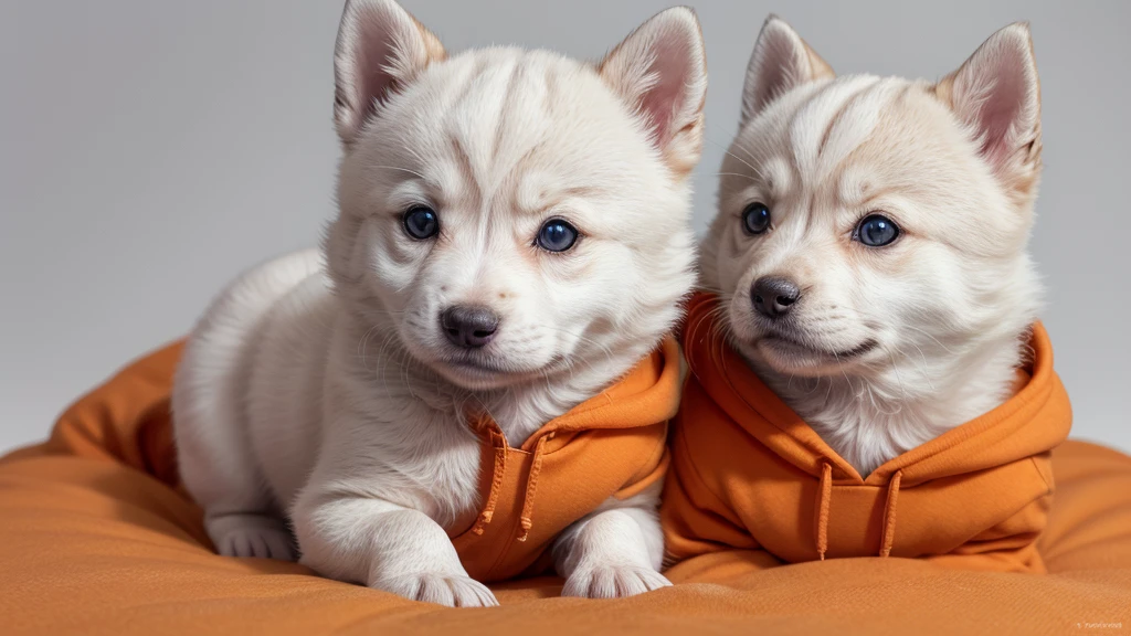 Create an image of a Siberian Rusky puppy using an orange hoodie with a white background in the proportion 1920x750