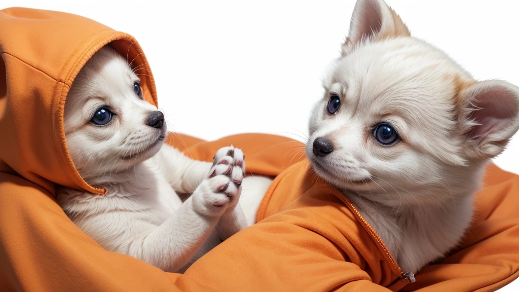 Create an image of a Siberian Rusky puppy using an orange hoodie with a white background in the proportion 1920x750