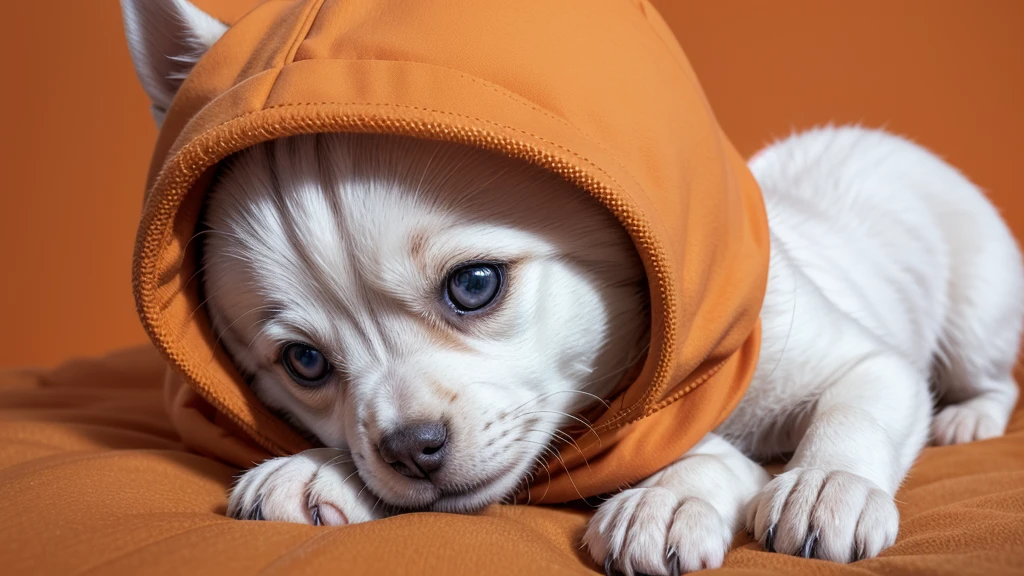 Create an image of a Siberian Rusky puppy using an orange hoodie with a white background in the proportion 1920x750