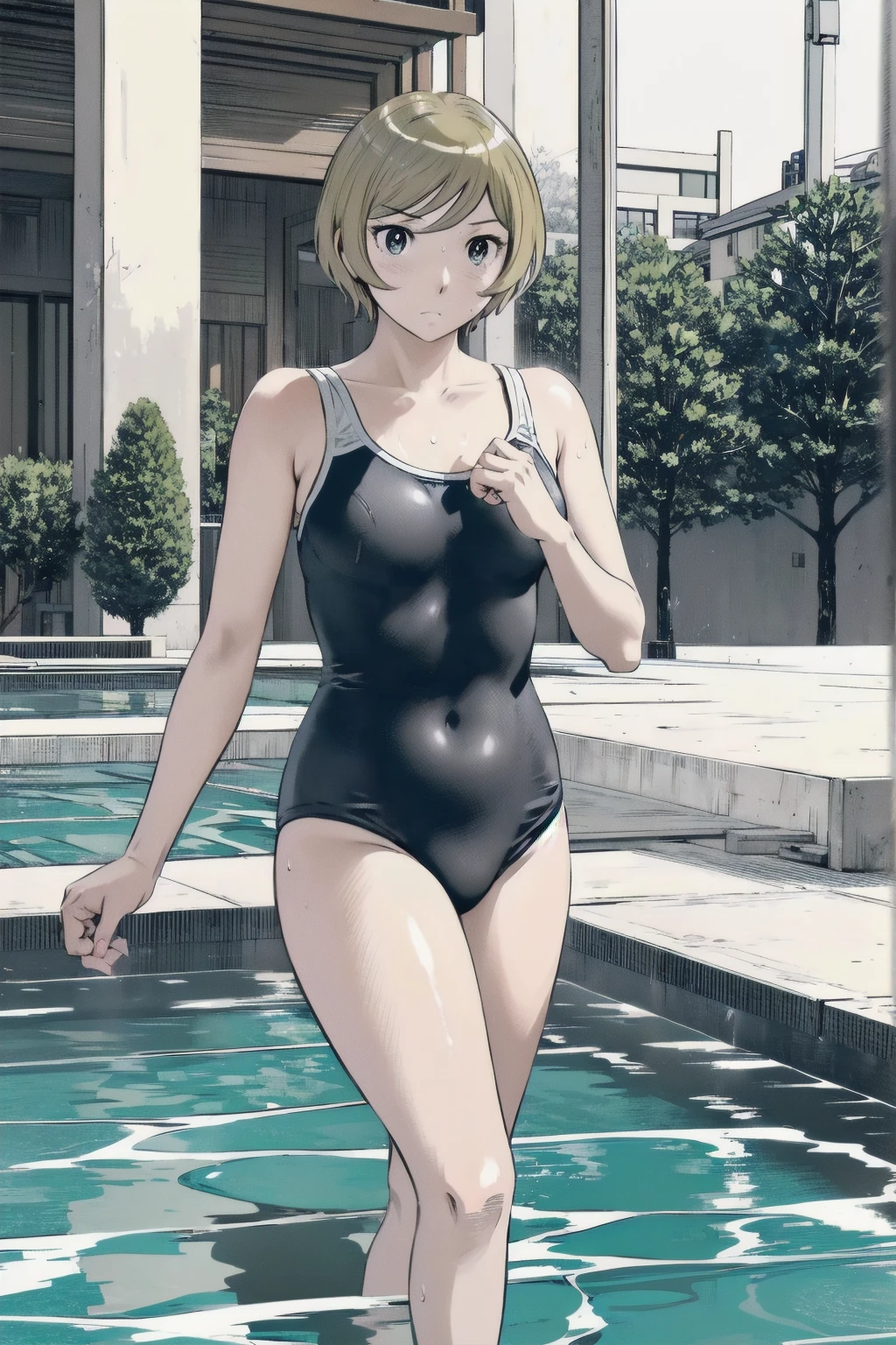 Blue school swimsuit、(masterpiece、Highest quality)、Highest quality, Ultra-high resolution, (((masterpiece))), alone, Sweat、Big eyes, Composition from the front、Shortcuts、Embarrassed face、Blonde、Cut your hair short、School swimming pool、short hair、Pussy Line、Browsing Caution、Butt