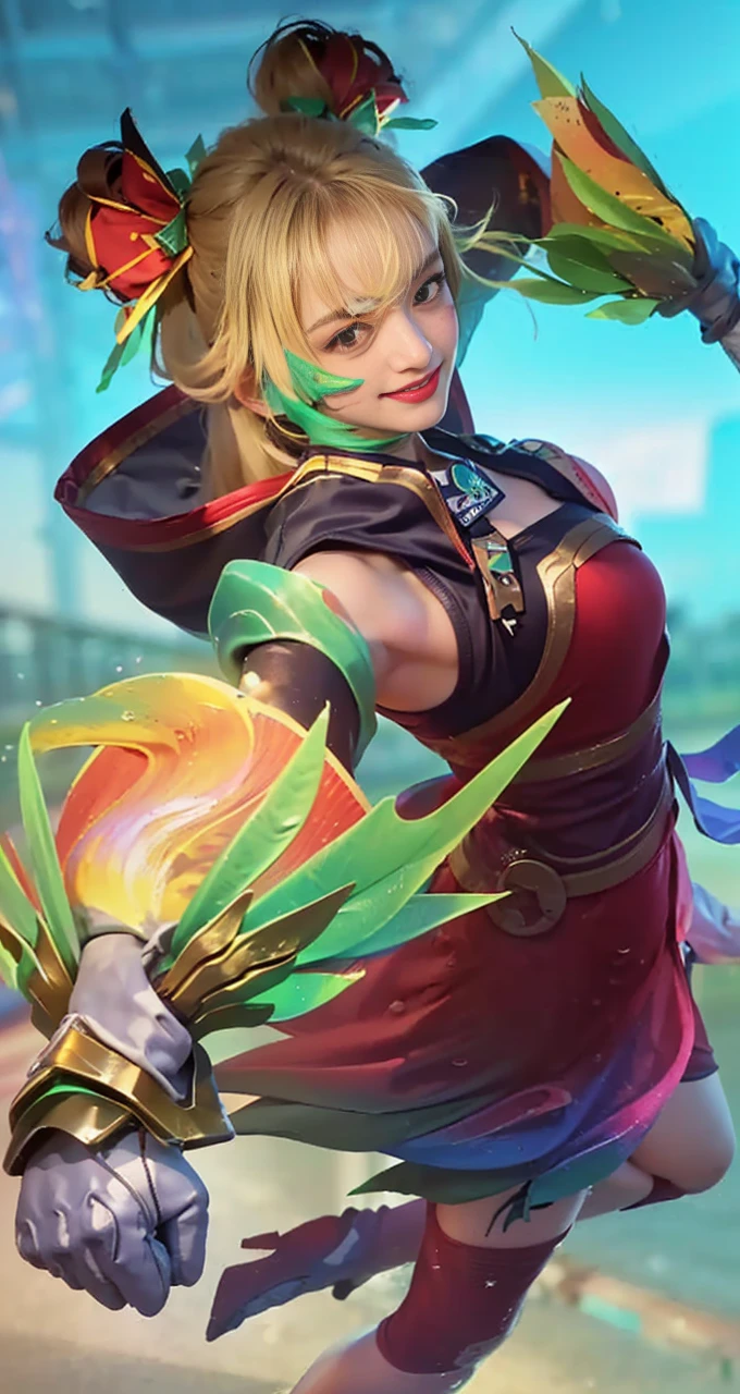 ((​masterpiece, Top image quality, hight resolution、solo、small tits、Sleeveless uniforms on land、track and field athlete、high-ponytail Hairstyle、no-good、full body Esbian、A smile、A slight smil、Tecateca skin、glowy skin))、Sweaty face、latina, puberty, full of sweat、red lipsticks、Walk along the tracks of the athletics stadium、solo、On both hands and hips、Navel is visible、((Thigh Raising Training))、((Running on the track))、(((Macho Body)))、((Uniform wet with sweat))、(((see the whole body)))