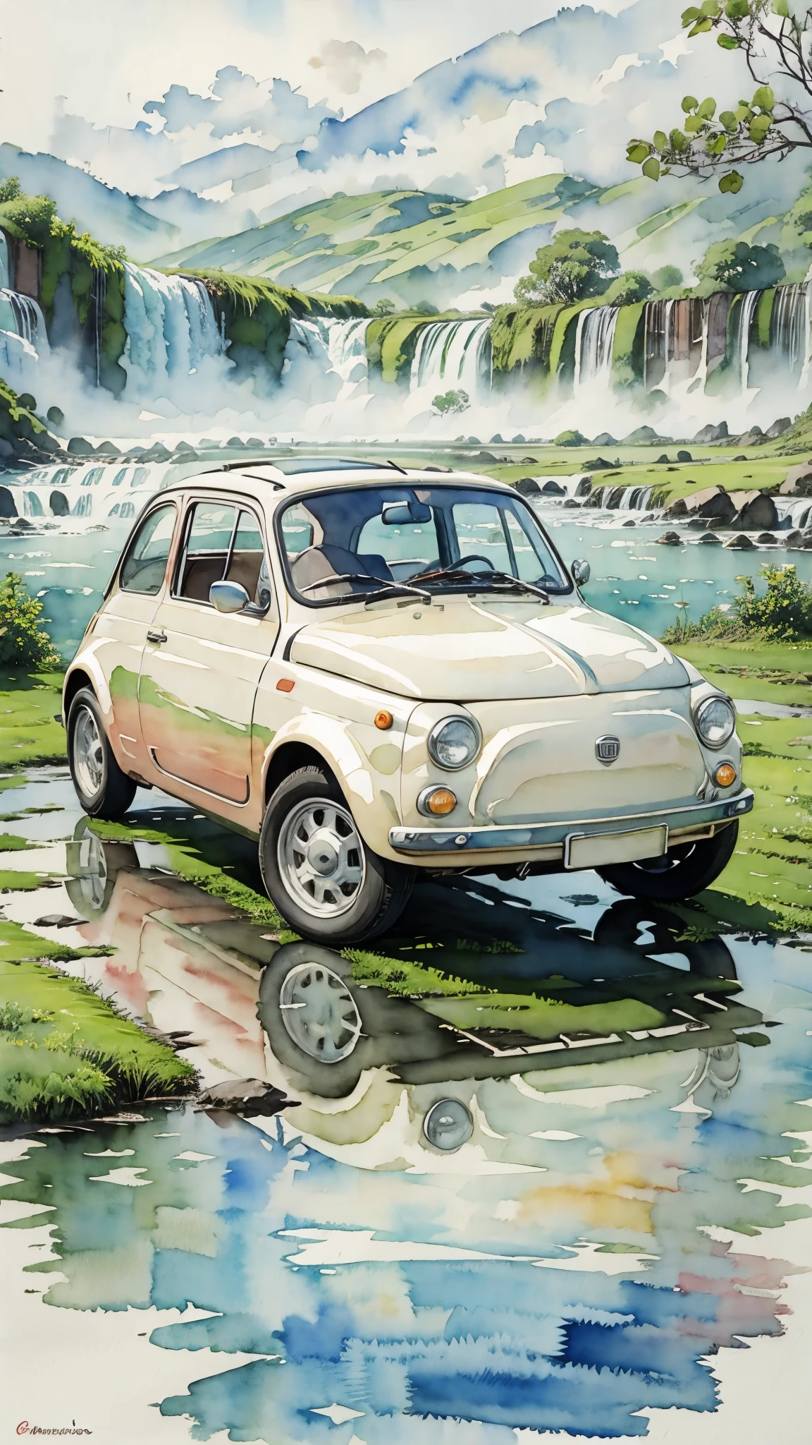 (masterpiece:1.2, Highest quality),(Very detailed),(((watercolor))),8K,wallpaper,Cream-colored Fiat 500,Argentina,Ride through Iguazu National Park,(((Ghibli style))),透明watercolor