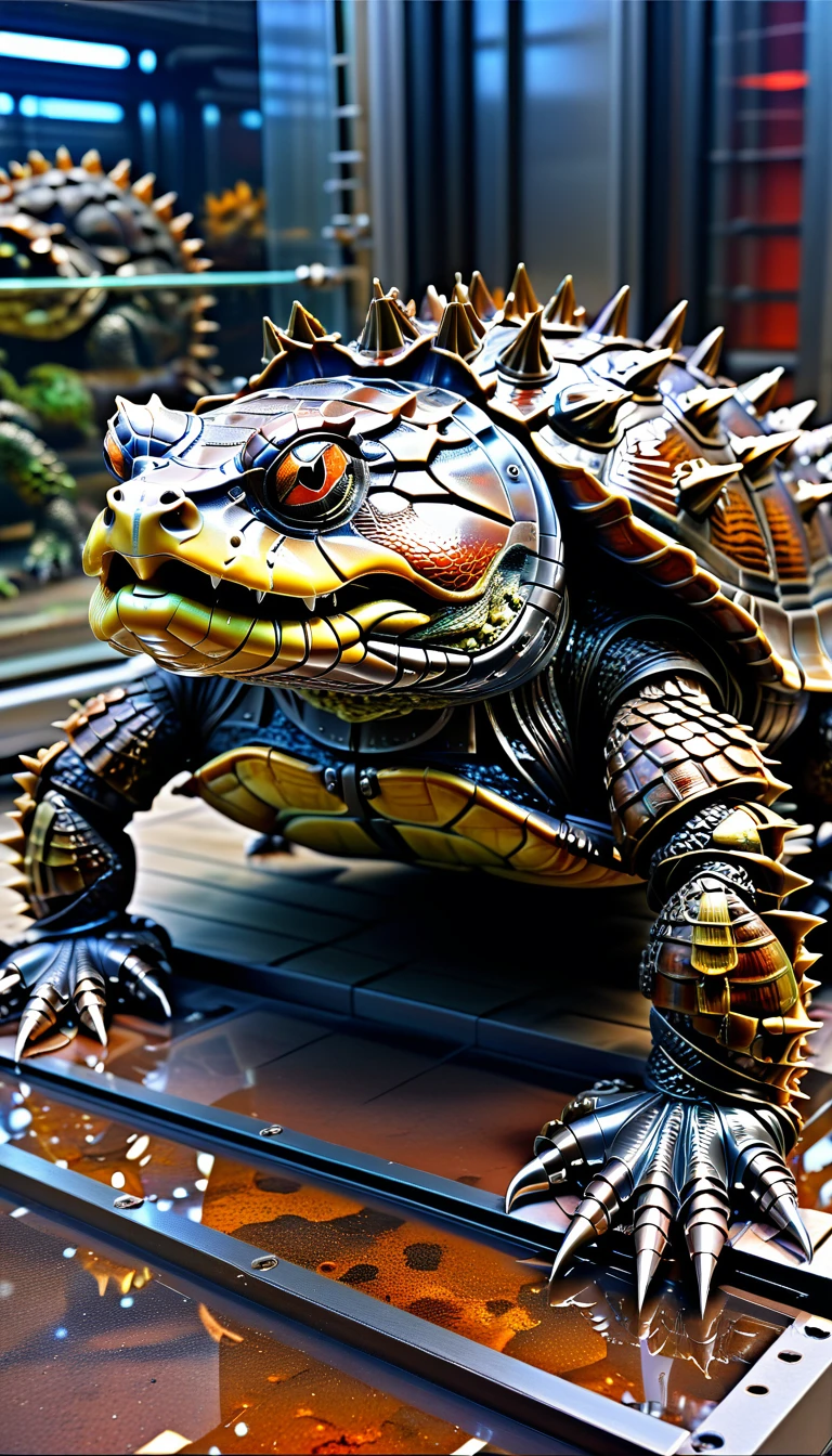 There is no one, Reality Photos, Reality Photos, Realistic photos of creatures like alligator snapping turtles, spikes, multicolored sparkling, strange and, Surreal and, the other world, A robotic factory with a shiny assembly plant, intricate details, very sharp, Sophisticated details, Flawless composition, vivid colors, masterpiece, futuristic, metal decoration, The shiny red interior is empty., polished, ray tracing
