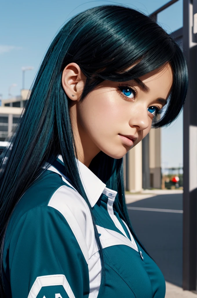 An anime girl with black hair with teal tips, blue eyes and the UA uniform from My hero academia