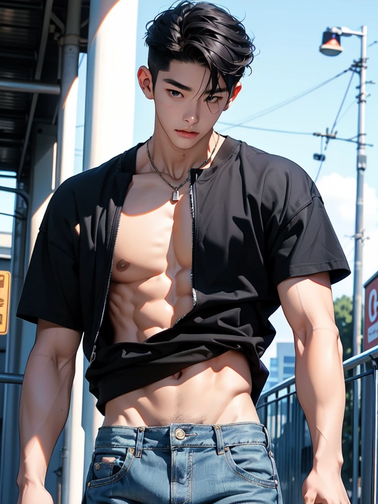 25 year old handsome korean, solo, (no shirt),no top wear ((show abs 6 pack)), black sagged jean,
