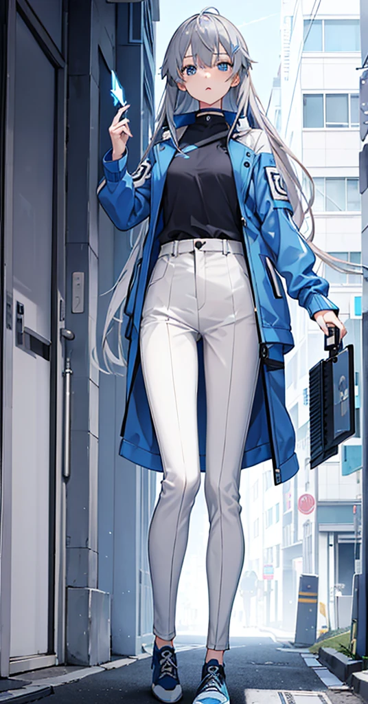 Girl，Gray Hair，Blue Eyes。Blue jacket and white long sleeves，Grey trousers，Technology，flat chest，Holding a sickle。