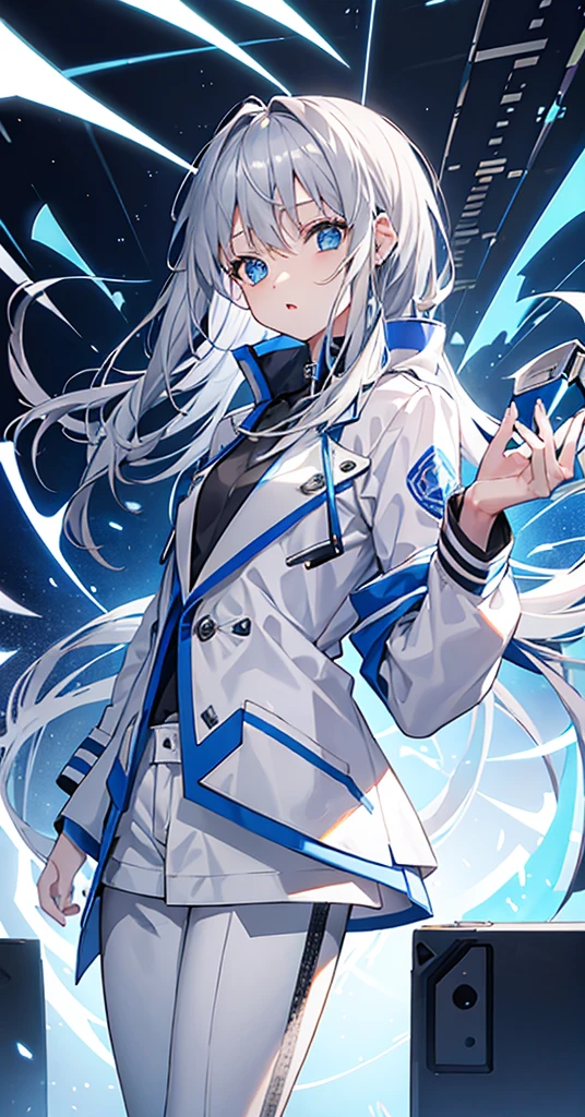 Girl,Gray Hair,Blue Eyes。Blue jacket and white long sleeves,Grey trousers,Technology,flat chest,Holding a sickle。