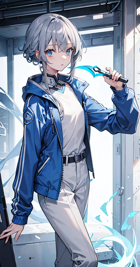 Girl,Gray Hair,Blue Eyes。Blue jacket and white long sleeves,Grey trousers,Technology,flat chest,Holding a sickle。