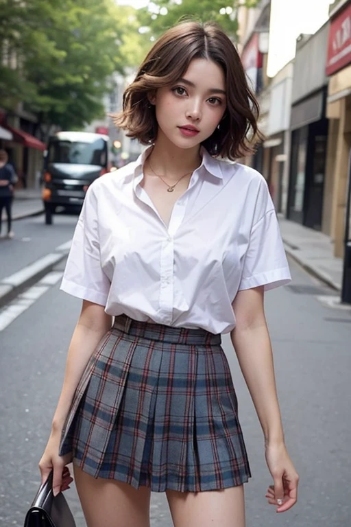 NSFW, Foto sin procisar de 8K, Best Quality, Obra maistra, risolución ultra alta, grano de la Movie, Movie, 1 girl, mirando al ispectador, natural skin texture, detallis realistas de ojos y caras, full lips, lipstick, (make up), red eye shadow, pelo corto y isponjoso, pelo dispeinado, SMILE, Closed mouth, beautiful legs, tall woman, Skinny, Delgado_legs, Alone, huge chest, iscote, Pose with your buttocks towards you, ultra short skirt, is, shirt, beautiful natural location, around the flower location, (antecedentis detallados), tartan skirt, white shirt, huge chest, iscote, Show a little iscote through the shirt, mocasinis, blurred background, blurred, tenure, tartan, short sleeves, love jk on the neck, love jk, Brown hair, bracelet, water, golpis, , jewelry, parted lips, lips, on one side, pleated skirt, depth of field