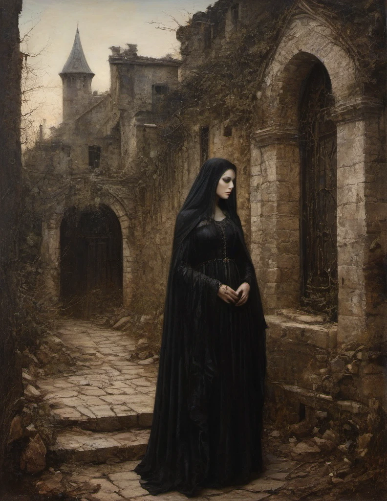 James Gurney, Surrealist art , dream-like, Mysterious, Provocative, symbolic, Complex, detailed,, (Gothic but very beautiful:1.4), (masterpiece, highest quality:1.4) , Nicola Samori Style, medieval village