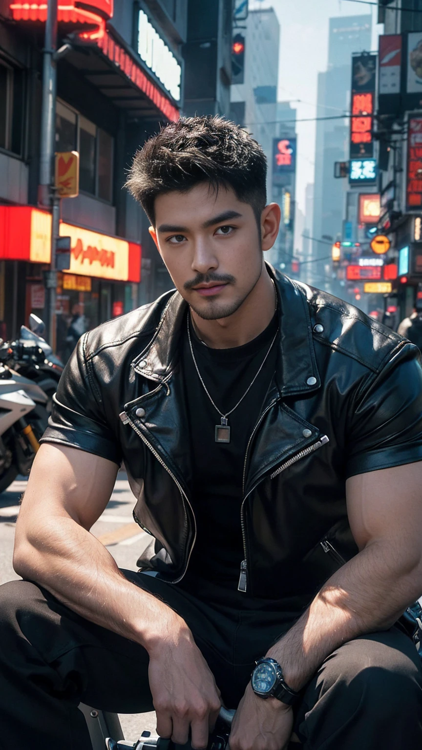 arafed image of a man sitting on a motorcycle in a city, art cover, ( ( god king of ai art ) ), modern concept art, inspired by Zhang Han, by Yang J, ig model | artgerm, official artbook, rossdraws digital painting, rossdraws 1. 0, ai assisted digital painting, rossdraws there is a man sitting on a motorcycle with a shirt on, rossdraws digital painting, rossdraws 1. 0, concept art like ernest khalimov, rossdraws 2. 0, cyberpunk 2077 rossdraws, muscular! cyberpunk, wlop painting style, james gurney painting style, cyberpunk art style, advanced digital cyberpunk art, by Russell Dongjun Lul！（Chest hair：1.5） ！ High detail 8K)! ((Realistically)), ! 186 cm! 70 kilograms! Popular clips! ( High-detail 8k ((realistically)), big hairy black areola! , best quality, bright lighting, focus, theater! 35 years old, hairy breasts, thick hair , Reddit, photo realism, gray hair！!(Chest hair：1.5）!!!gray hair！!(Chest hair：1.5）,Detailedface。Moustache,perfect light