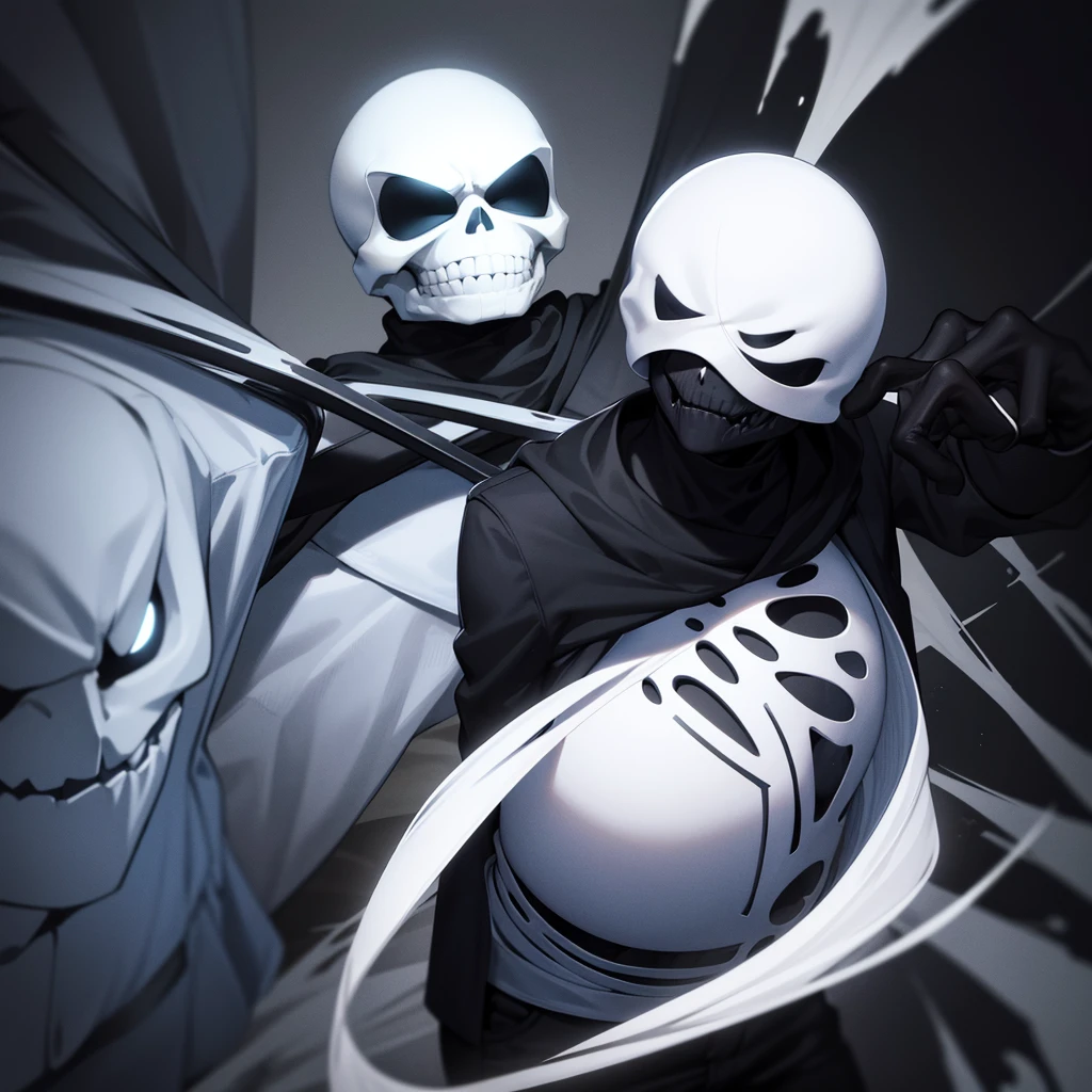 white skeleton, Killer sans, no eyes, black goop from eyes, angry, smiling, hands holding knife, blue jacket, black shirt, white shorts, red target in front of chest, black outline