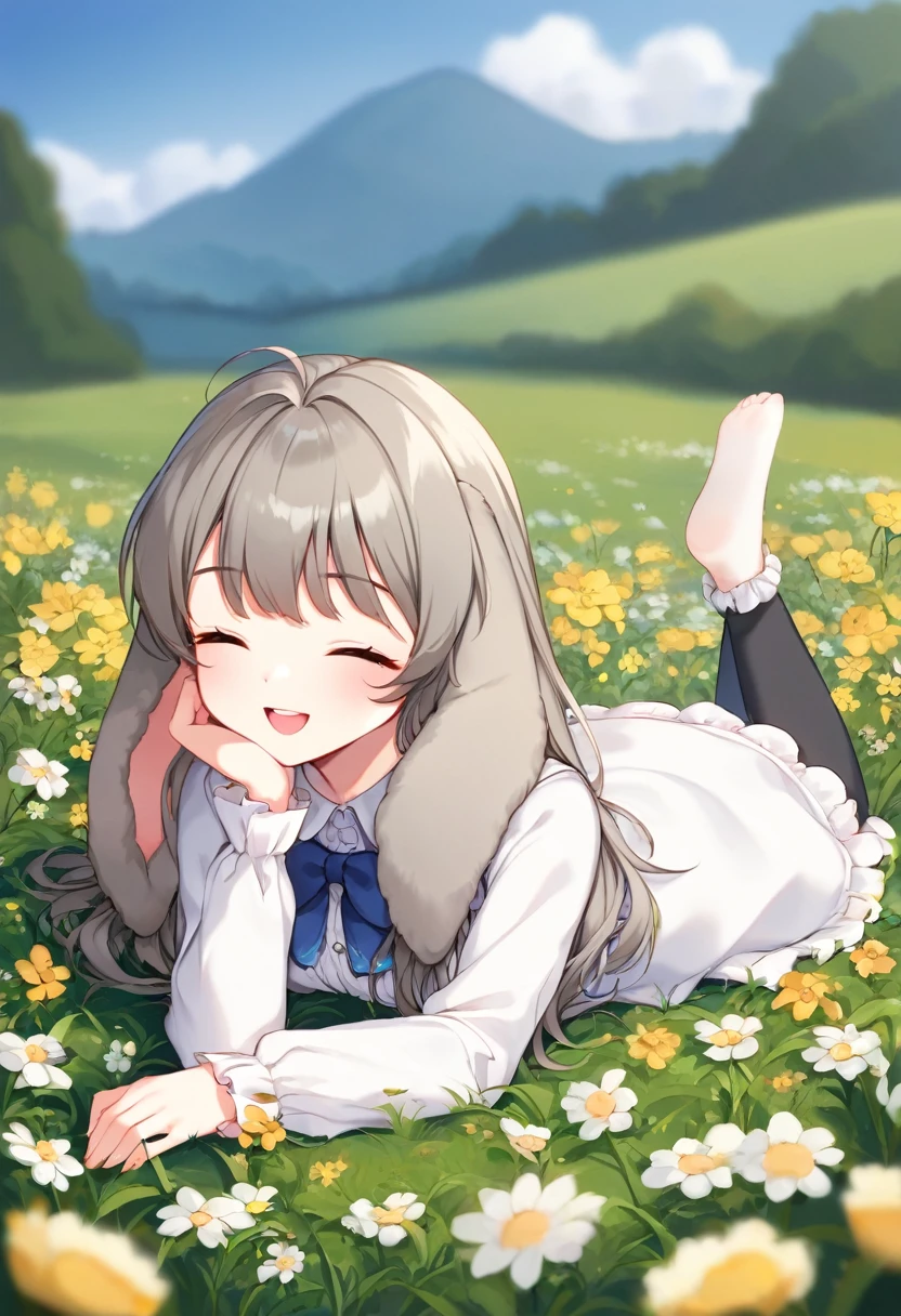 (8k, masterpiece, best quality, ultra-detailed, an extremely delicate and beautiful, official style, depth of field, highly detailed, very aesthetic, intricate, overall detail, perfect anatomy), outdoors, on grass, flower, on stomach, BREAK 1girl, solo, [gray hair, brown hair:0.4], long hair, closed eyes, smile, happy, faint lips, open mouth, rabbit girl, (floppy ears, droppy ears, lop ears, fluffy:1.2), gray rabbit tail, (white dress, blue bowtie, frill, long sleeves:1.2)