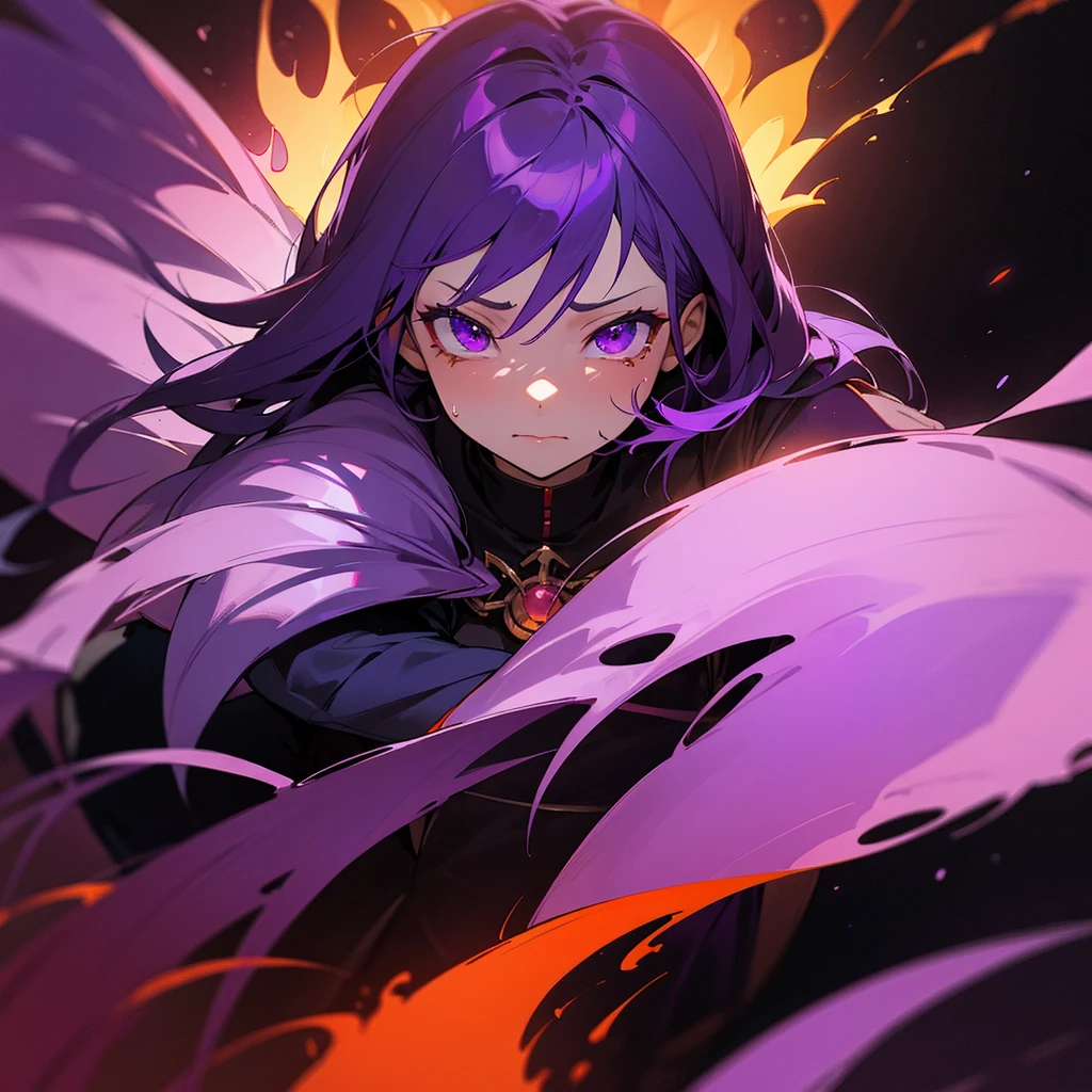 dark background, Purple and orange flames on background, girl with Purple hair and purple eyes sobbing, purple wings, Dark Fantasy