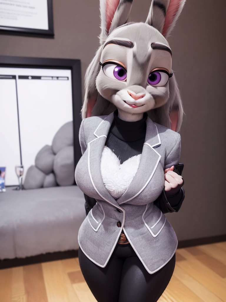 best quality,
masterpiece,
super detail,
3D,
Portrait,
fun atmosphere,
(((solo))),
(((1 female))),
furry,
anthropomorphic female
fine coat,

bloom office, 

(Face is JudyHopps:1.4),
(straight hair:1.3),
(see-through bangs:1.3),
wispy bangs,
bright purple eyes,
(arched eyebrows:1.1),
(uplift eyebrows:1.1),
(rabbit ears:1.1),

Body is NamiFinal, 
Body covered with rabbit fur,
(body is gray with fluffy and fluffy:1.3),
(skin is wool fabric with fluffy and fluffy:1.3),

office lady is wearing suit,
((White blouse)),
((Black blazer jacket)),
((Black pants)),
clothes made of cotton,
