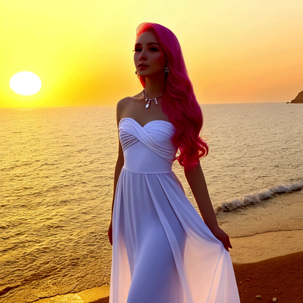 beautiful woman with long hair,hair styled, ((top quality、8k、​Masterpiece:1.3))、Extremely delicate and beautiful girl，full-body shot，， H cup， Bandeau maxi dress，sunset，sunset。 Wear big earrings，Very white skin， Reveal a little，White and smooth skin，Smooth and fair skin，flawless skin，Fair and shiny skin，cold white skin, bright light, long pink hair, wide angle shot
