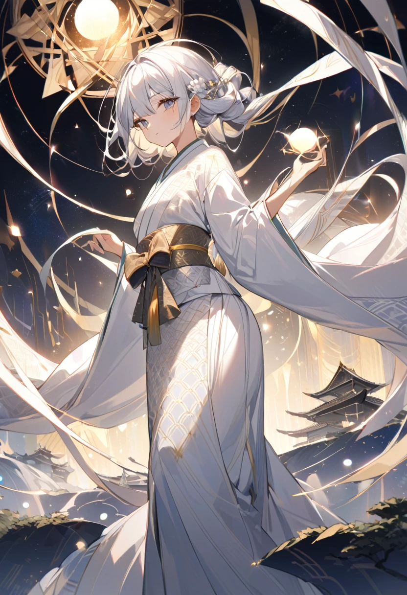 A Judge's loyal Assistant, a meticulous young woman, embodying precision and diligence, stands erect in a serene cosmic landscape. She wears a traditional attire reminiscent of a kimono, its pristine white fabric exuding cleanliness and rigor. The intricate patterns, delicately woven, shimmer with an otherworldly glow, as if infused with celestial energy.