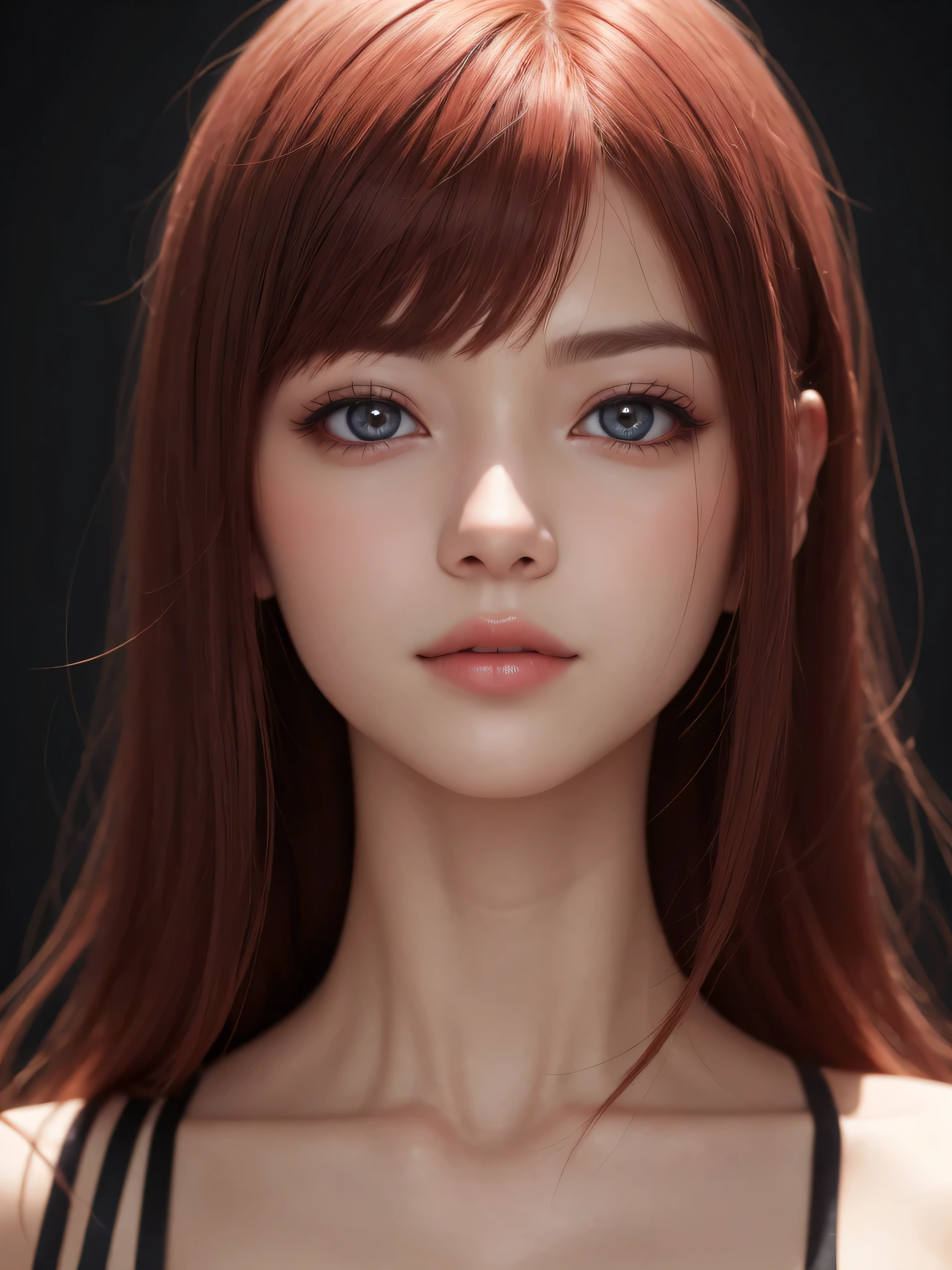1girl, star eye, blush, perfect illumination, red hair, red eyes, unreal engine, sidelighting, detailed face, bangs, bright skin, simple background, dark background,