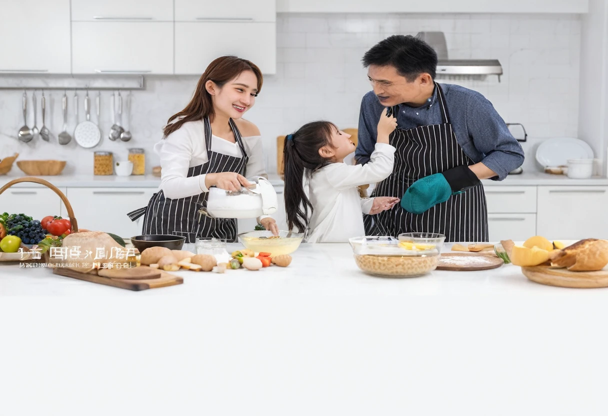 there are two people and a In the kitchen preparing food, Advertising photos, Product introduction photoss, Product introduction photos, Advertising photosgraphy, In the kitchen里, cooking, family, lifestyle, In the kitchen, Marketing photos, photo shoot, in stock图片, in stock, Food Advertisement 4k, photography肖像, baking artwork, Warm and convivial atmosphere, photography, cooking show