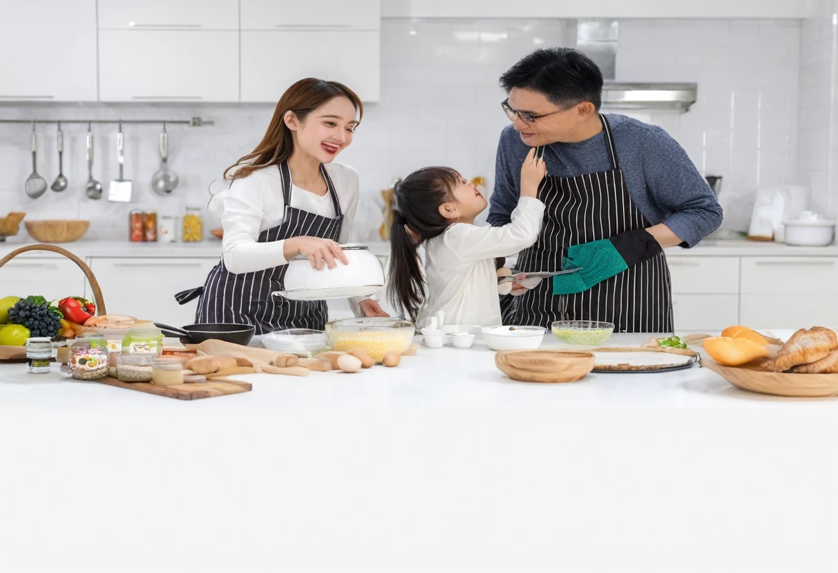 there are two people and a In the kitchen preparing food, Advertising photos, Product introduction photoss, Product introduction photos, Advertising photosgraphy, In the kitchen里, cooking, family, lifestyle, In the kitchen, Marketing photos, photo shoot, in stock图片, in stock, Food Advertisement 4k, photography肖像, baking artwork, Warm and convivial atmosphere, photography, cooking show