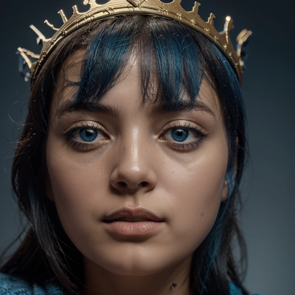 A child standing with a golden crown on their head. The should have closed eyes or be blindfolded, adding an element of mystery.
The crown should be highlighted, keeping the gold as a contrast to the predominant colors. Tones of blue (dark blue, royal blue, sky blue) and white as the main colors. Include golden details (such as the crown) to highlight certain elements. Incorporate subtle textures or patterns in braille, in a light blue or white tone, to add an extra layer of depth to the image. Utilize blurs and image duplications to create a movement or distortion effect around the , similar to the original art.
Maintain a background that artistically mixes blue and black, perhaps with brush strokes or smudges to create an abstract environment. High resolution 8k for rich details and textures.
Soft lighting with strong contrasts between the main elements and the background.
The image should inspire a sense of introspection and mysticism, capturing the viewer's attention and inviting them to explore the hidden details and meanings in the art.