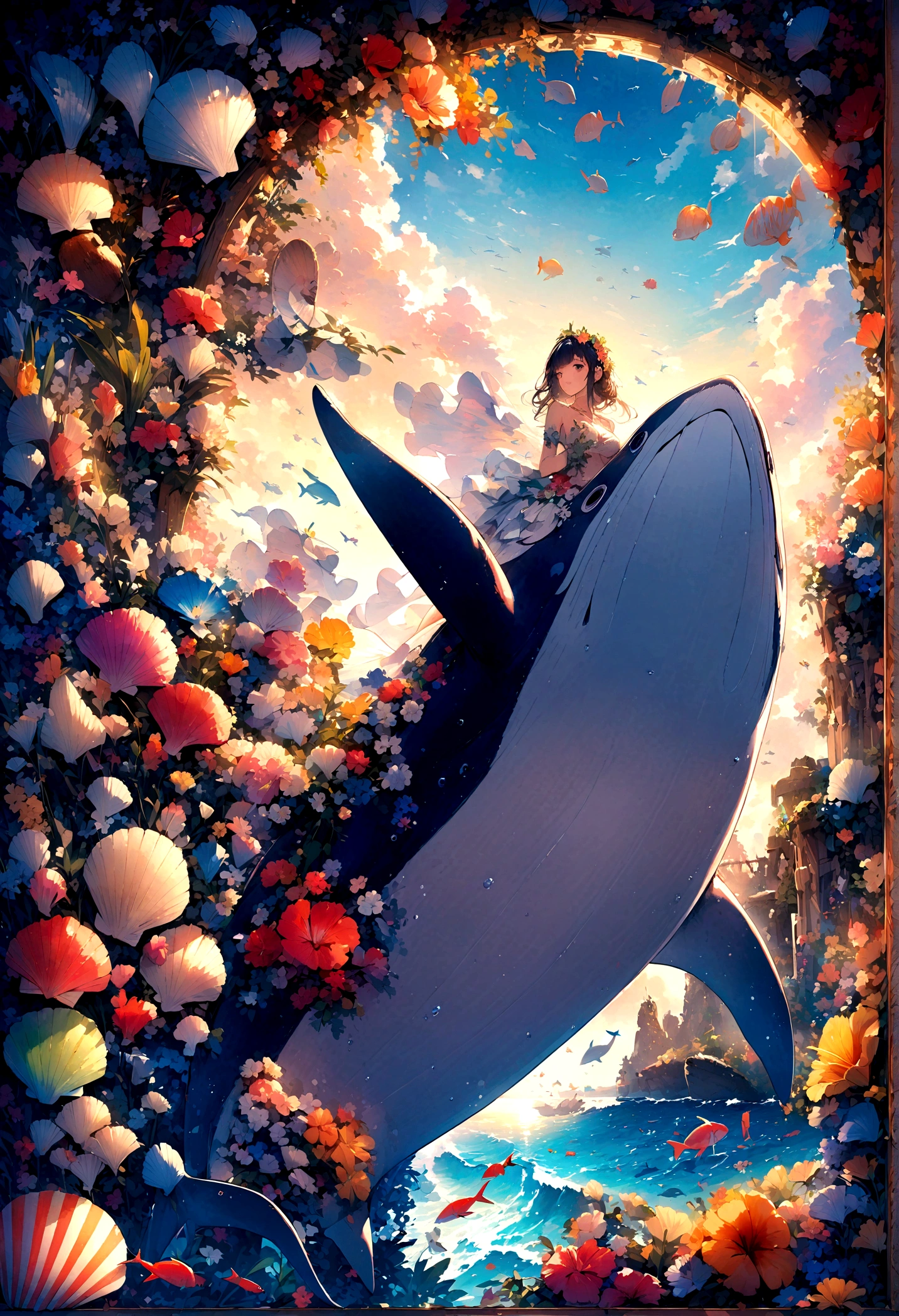 Ocean、The majestic figure of a whale、shell、Colorful、bright、Hawaii、Coconut illustration