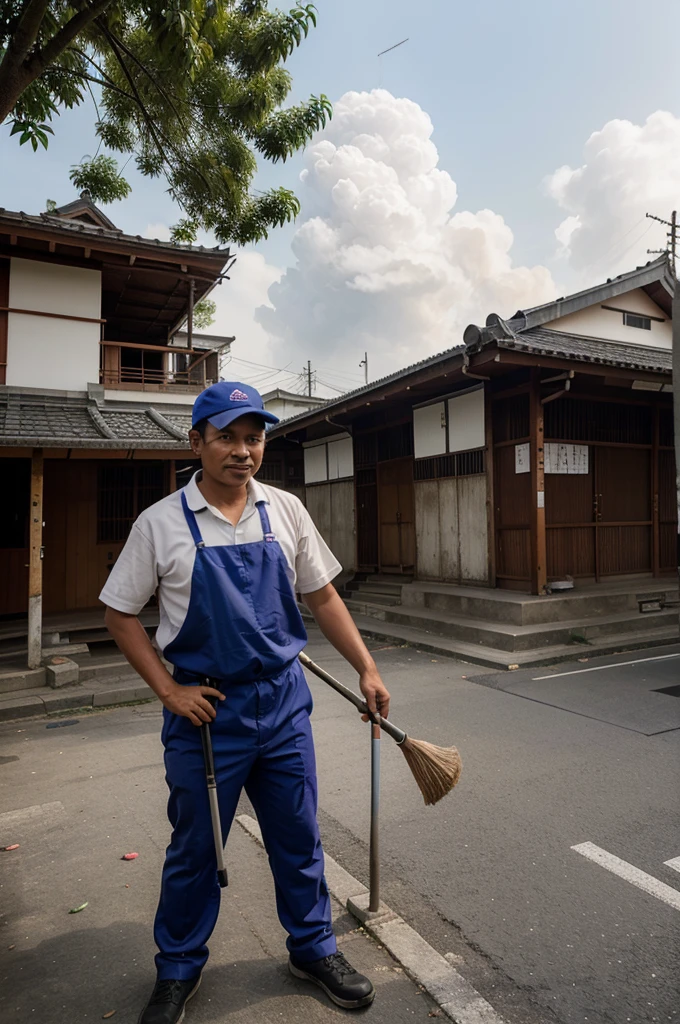 make a photo of a man dressed as a janitor in Indonesia who is cleaning a city in Japan.