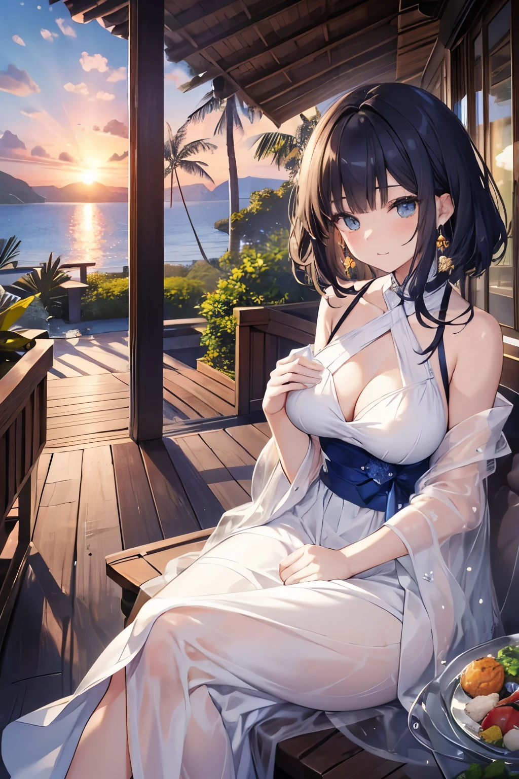 Highest quality、High resolution、Detailed Background、(Beautiful face in every detail:1.4)、Anatomically correct、(Hide your fingers:1.3)、(Detailed facial expressions)、(Fine grain:1.2)、(Fine grain:1.2)、Beautiful women in their twenties、(Highly detailed face:1.4)、Cute hair color、well-groomed eyebrows、(Huge breasts:1.2)、Bobcut、Long Hair、Hairstyles that add waves and curls、Cute hairstyle、Cute Eye Makeup、Cute Lip Makeup、Perfect body line、
(Two beautiful women spending time in an elegant and extraordinary space:1.5)、
wide々Sit on your villa's private terrace、Have a relaxing time、Cold drink in hand、Her figure relaxing elegantly is wonderful..、While looking at the beautiful scenery、Enjoy a conversation with your partner、
Stroll along the private beach、Enjoy the view illuminated by the setting sun、Walk along the beach, Hand in hand、Spending time alone with your partner、Enjoy a cocktail at a beachside bar、Watching the sunset、
Looking out at the blue ocean of Miyako、Resort with private beach、客室はオーシャンビューでwide々Villa Type、Spa and Fitness、Mr.々A variety of water activities available、High-end service and delicious food are a big hit、
The off-the-shoulder summer dress gives a cool impression.、
Elegant materials such as silk and chiffon create a luxurious feel..、
The medium length and A-line silhouette are cute and mature..