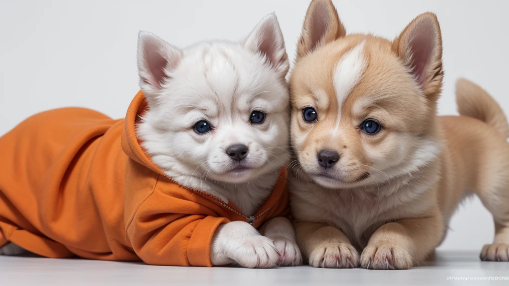 Create an image of a Siberian Rusky puppy wearing an orange sweatshirt with lots of details on a white background in the proportion 1920x750