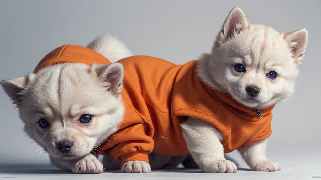 Create an image of a Siberian Rusky puppy wearing an orange sweatshirt with lots of details on a white background in the proportion 1920x750