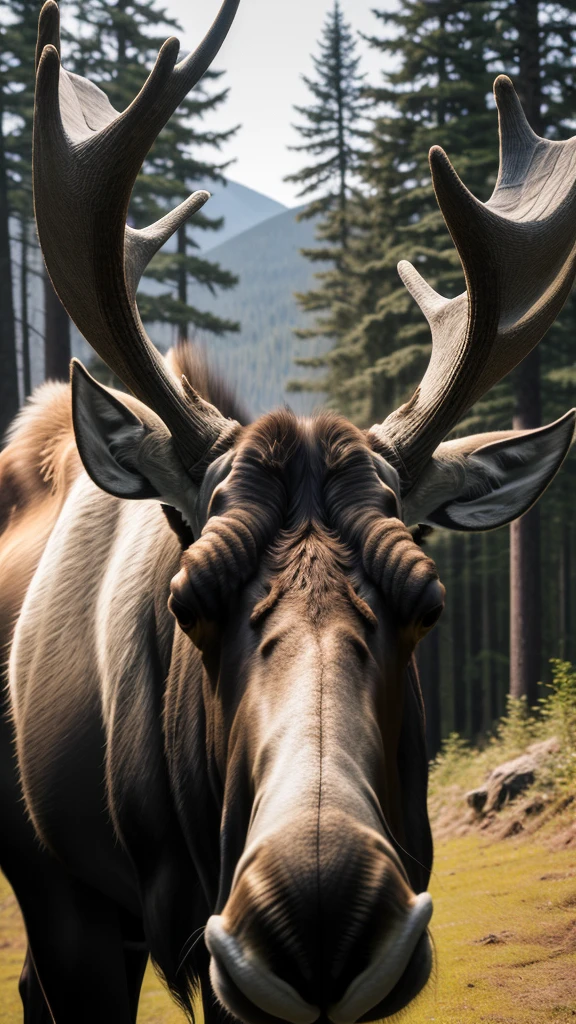 portrait of a surprised moose with great horns,bottom view,Outdoors,ral-swarcrystl,8k,F2.8,RAW Photo,ultra detailed,soft lighting,real life,ultra detailed