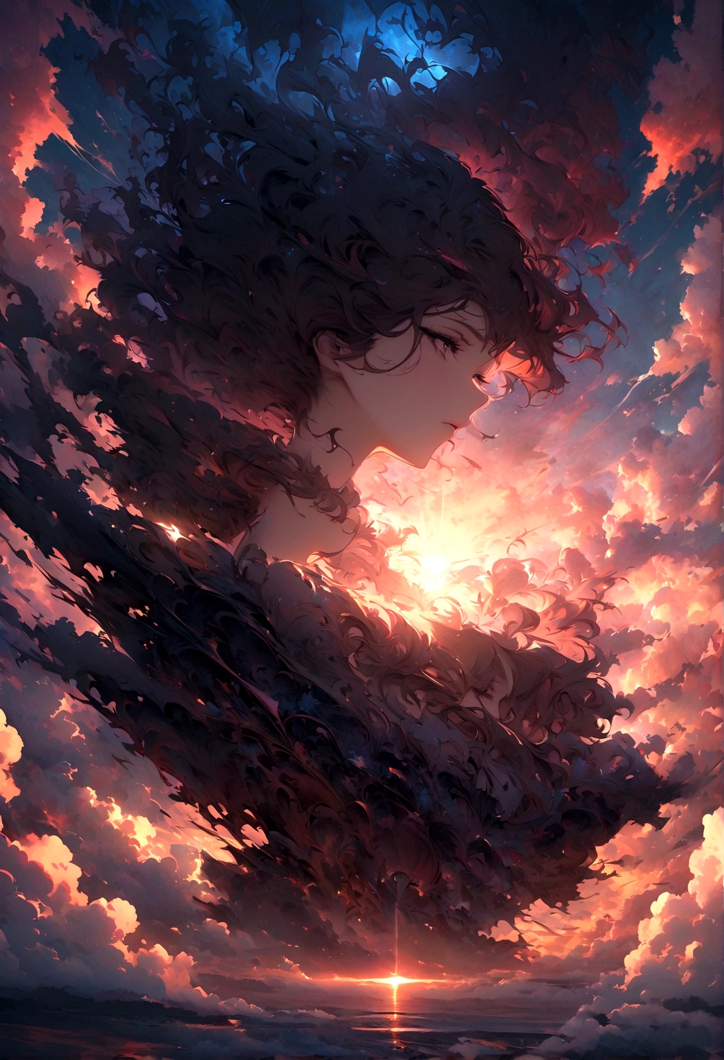 ((Masterpiece, top quality, high resolution)), ((highly detailed CG unified 8K wallpaper)), there is a plane that is flying in the sky at sunset, cloudy sunset, the sun up on the sky is strong, moody sunset in background, sky is orangish outside, sunset with cloudy skies, sky setting, sunset in the background, dusk sunset in background, it is sunset, sunset in background, sky in background, sky in the background, with dramatic sky