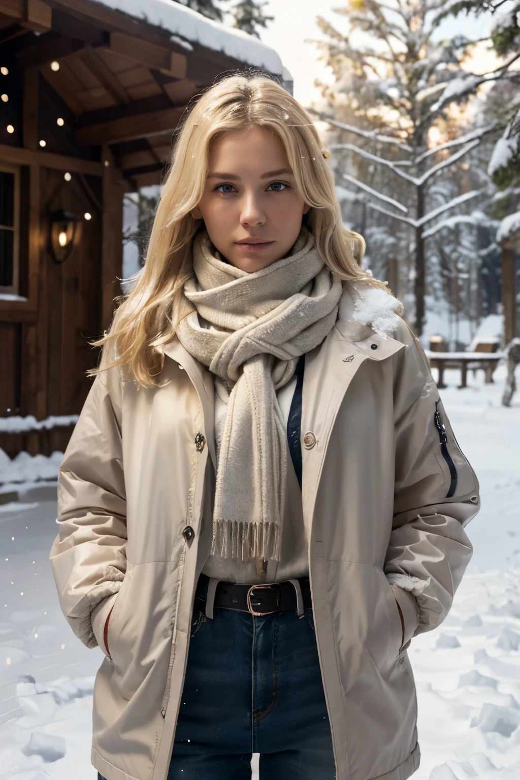 light blonde hair, Best Quality, ultra high resolution (photorealistic: 1.4), oversized jacket, White shirt, scarf, shelter, winter, whole body, snowy