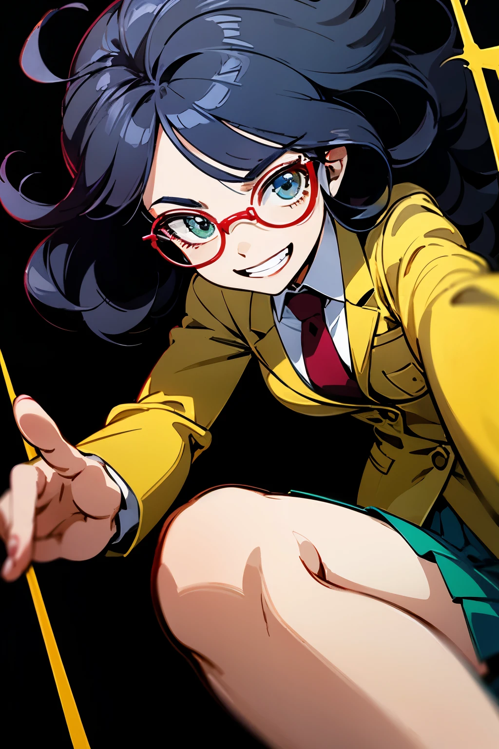 Screenshot My hero Academia. Woman of European ethnicity, clear skin, long wavy dark black hair, has a neat hairstyle, bright sapphire eyes. beautiful and attractive. Wearing a gray blazer, Red tie, green skirt, oval shaped gold glasses, ager. smiling, showing teeth with a confident aura, intimidating front pose, looking down, photo style camera position against dive. black background