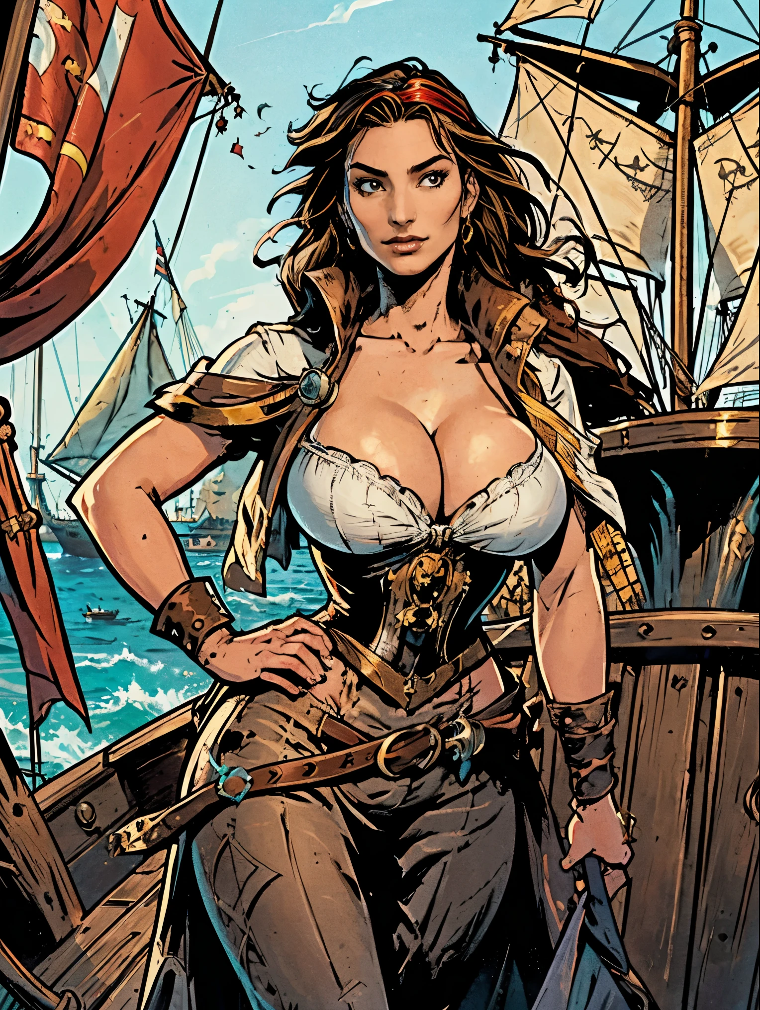 (masterpiece, top quality, best quality, official art, beautiful and aesthetic:1.2), (1girl:1.3), ((Sharp facial features, sharp features, hawkish features)), big tiddy brunette pirate girl, extremely detailed, portrait, looking at viewer, solo, (full body:0.6), detailed background, close up, (warm ocean pirate ship theme:1.1), pirate girl, red headband, red bandana, do-rag, charlatan, smirk, mysterious, on a pirate ship, corset, white dress, chemise, blouse, ((((gigantic breasts, cleavage, skindentation)))), slim waist, slim hips, long legs, pirate (ship exterior:1.1) background, dark mysterious lighting, shadows, magical atmosphere, dutch angle
