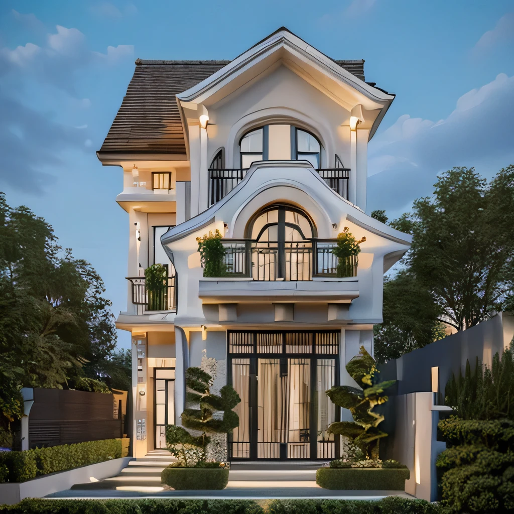 (Townhouse in city ,close houses and trees), (indochine style architecture) daylight ( best quality) ((high solution)) ,(( photo realistic)) ,warm light,  soft lighting, warm atmosphere,high Resolution, hyper detailed,4k ,vray render, octane render, hyper realistic, photography expert ,exterior design , professional photography, exterior photography,wide-angle shot , ultra detail , high Resolution , full frame, full body