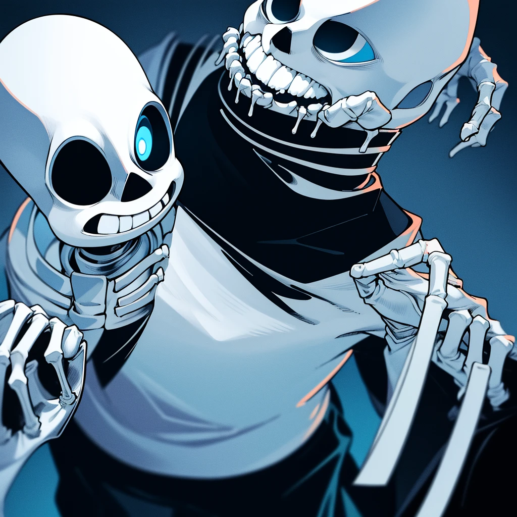 white skeleton, Killer sans, no eyes, black goop from eyes, angry, smiling, hands holding knife, blue jacket, black shirt, white shorts, red target in front of chest, black outline