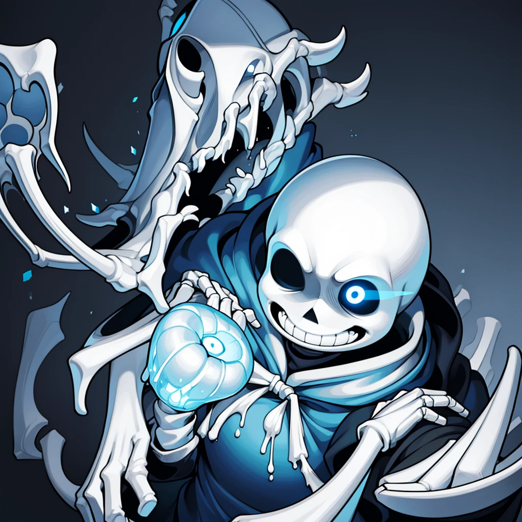 white skeleton, Killer sans, no eyes, black goop from eyes, angry, smiling, hands holding knife, blue jacket, black shirt, white shorts, red target in front of chest, black outline