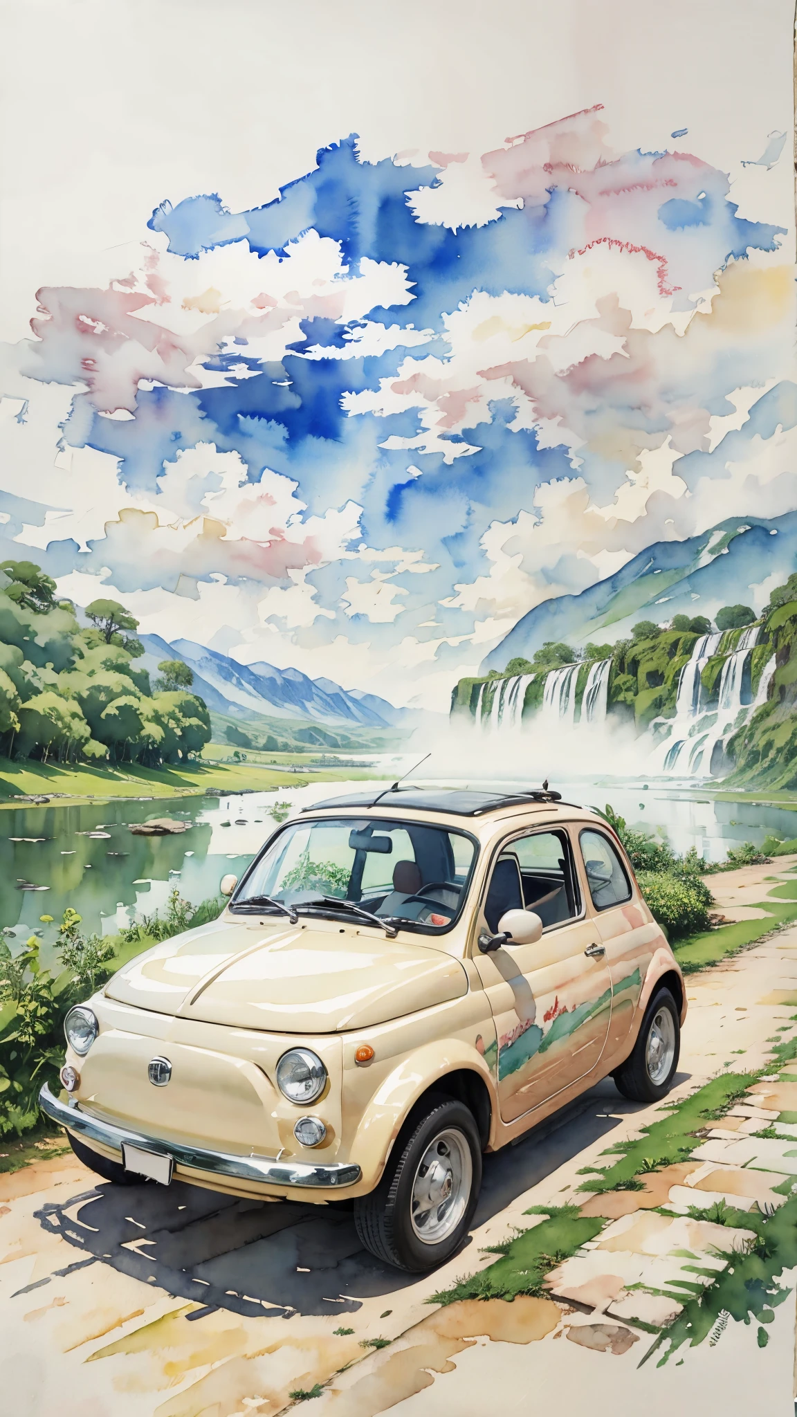 (masterpiece:1.2, Highest quality),(Very detailed),(((watercolor))),8K,wallpaper,Cream-colored Fiat 500,Argentina,Ride through Iguazu National Park,(((Ghibli style))),透明watercolor