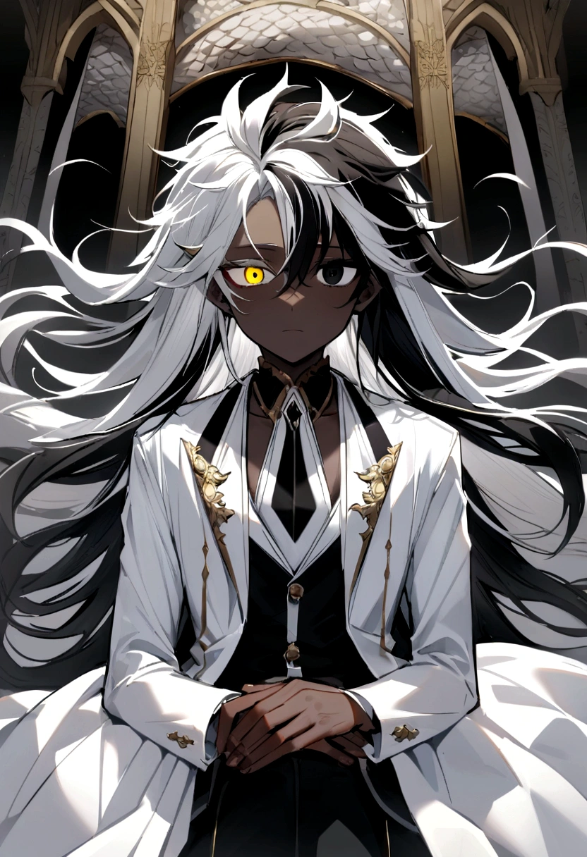 with black and white formal clothes and some, has black dress shoes ,yellow and black eyes heterochromia , , dark expression , Messy hair , Medium length hair , 1 men , black and white hair more black than white , two tone hair , dark skin color has Chinese dragon horns with black and white details, on its back you can see a palace