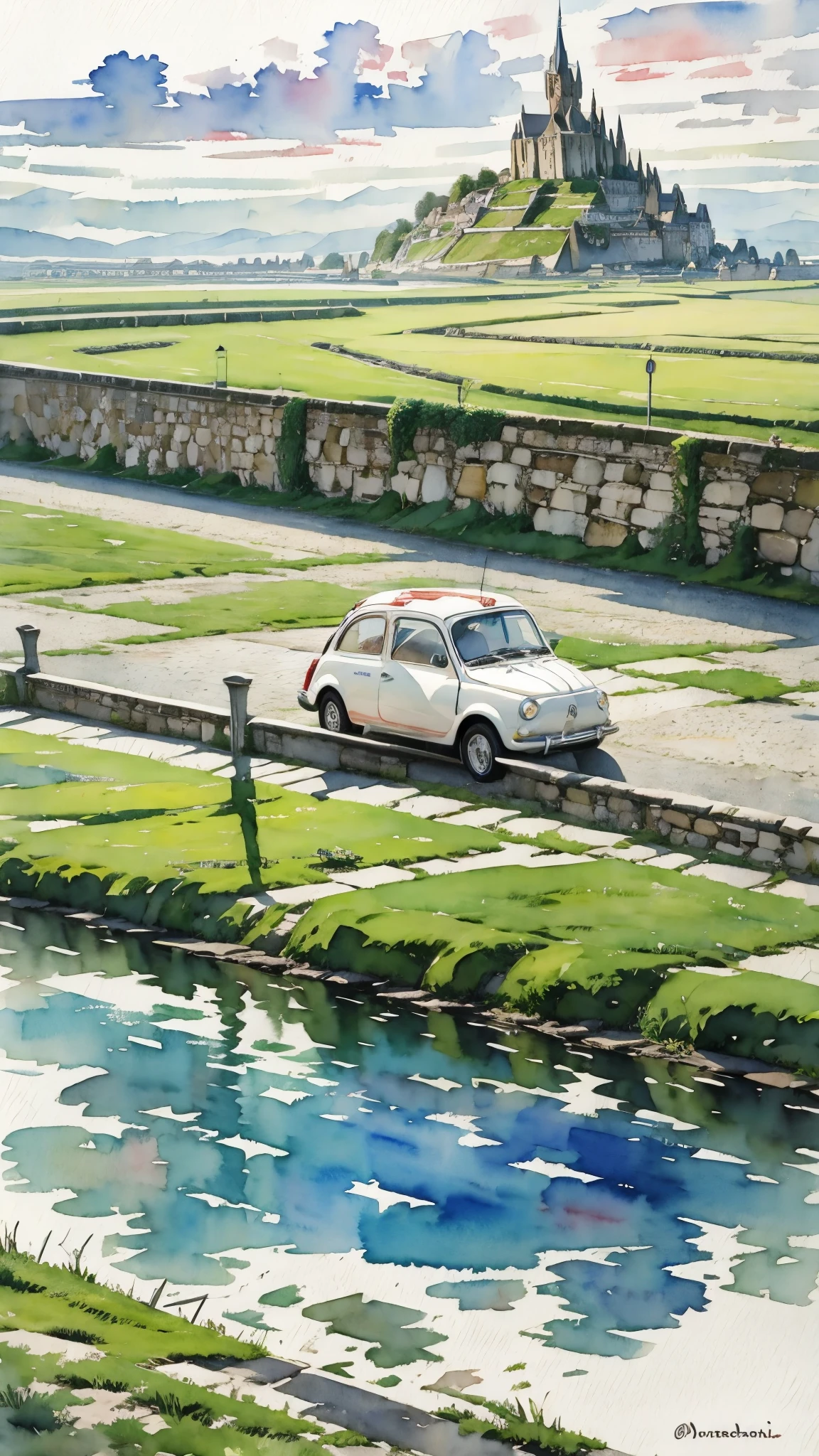 (masterpiece:1.2, Highest quality),(Very detailed),(((watercolor))),8K,wallpaper,Cream-colored Fiat 500,France,Run through Mont Saint-Michel,(((Ghibli style))),透明watercolor