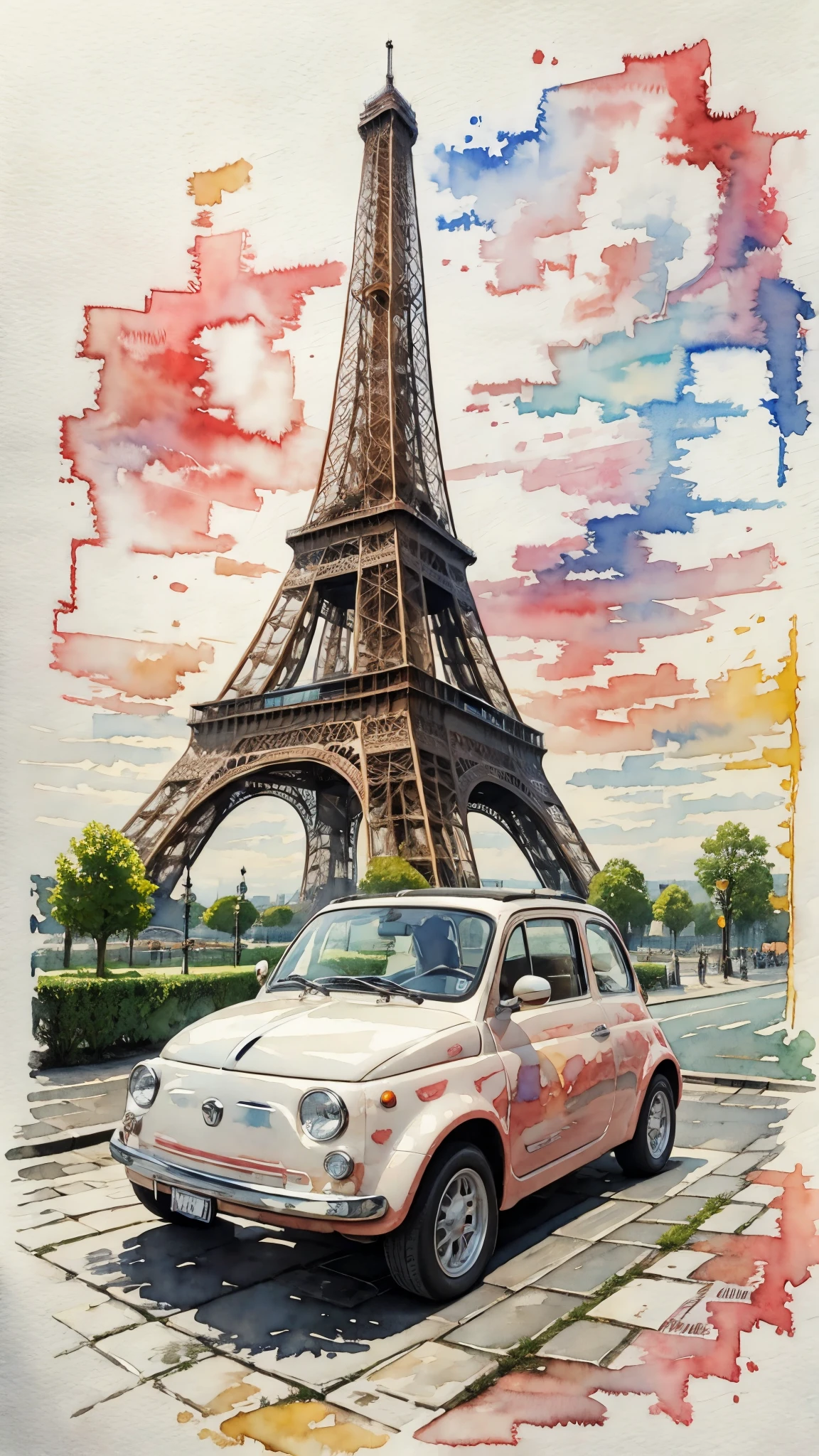 (masterpiece:1.2, Highest quality),(Very detailed),(((watercolor))),8K,wallpaper,Cream-colored Fiat 500,France,Running the Eiffel Tower,(((Ghibli style))),透明watercolor