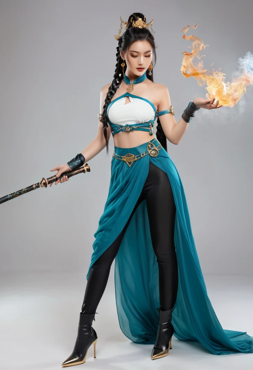 Full body shot of a beautiful Asian woman as she holds a master+ne elect rugai in her right hand, wearing an outfit inspired by water and fire elements, with teal blue leggings, a white top with gold details on the , and black high heel boots. She has long hair tied back into two braids, one arm mounted to the hilt and the other pointing at her chest that shows full energy from a magic effect, with smoke around all equipment. Full body pose against a white background, in the style of magic and fantasy.xianxia